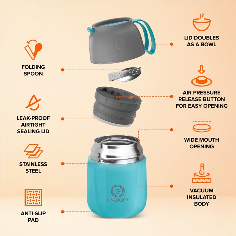 ENERGIFY Vacuum Insulated Food Jar. Large 17oz Bowl incl. Folding Spoon, Cup. Wide Mouth Keep Hot & Cold Drinks Soup Lunch Container for Adults. BPA-Free Stainless Steel, Leak Proof Blue - Image 2